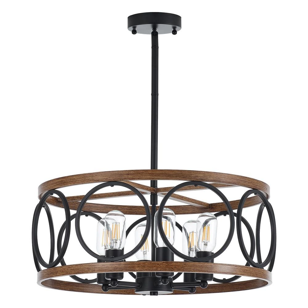 Modern Farmhouse 6-Light Black metal pole with brown wood Drum Chandelier for Dining Areas with No Bulbs Included price history on PriceWatchPro