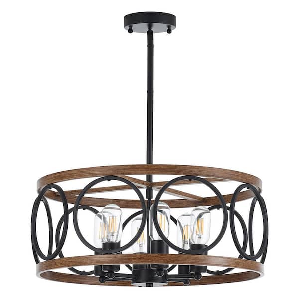 Modern Farmhouse 6-Light Black metal pole with brown wood Drum Chandelier for Dining Areas with No Bulbs Included