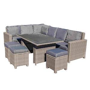 Brielle Gray 6-Piece Wicker Rectangle 28 in. Patio Conversation with Gray Cushions