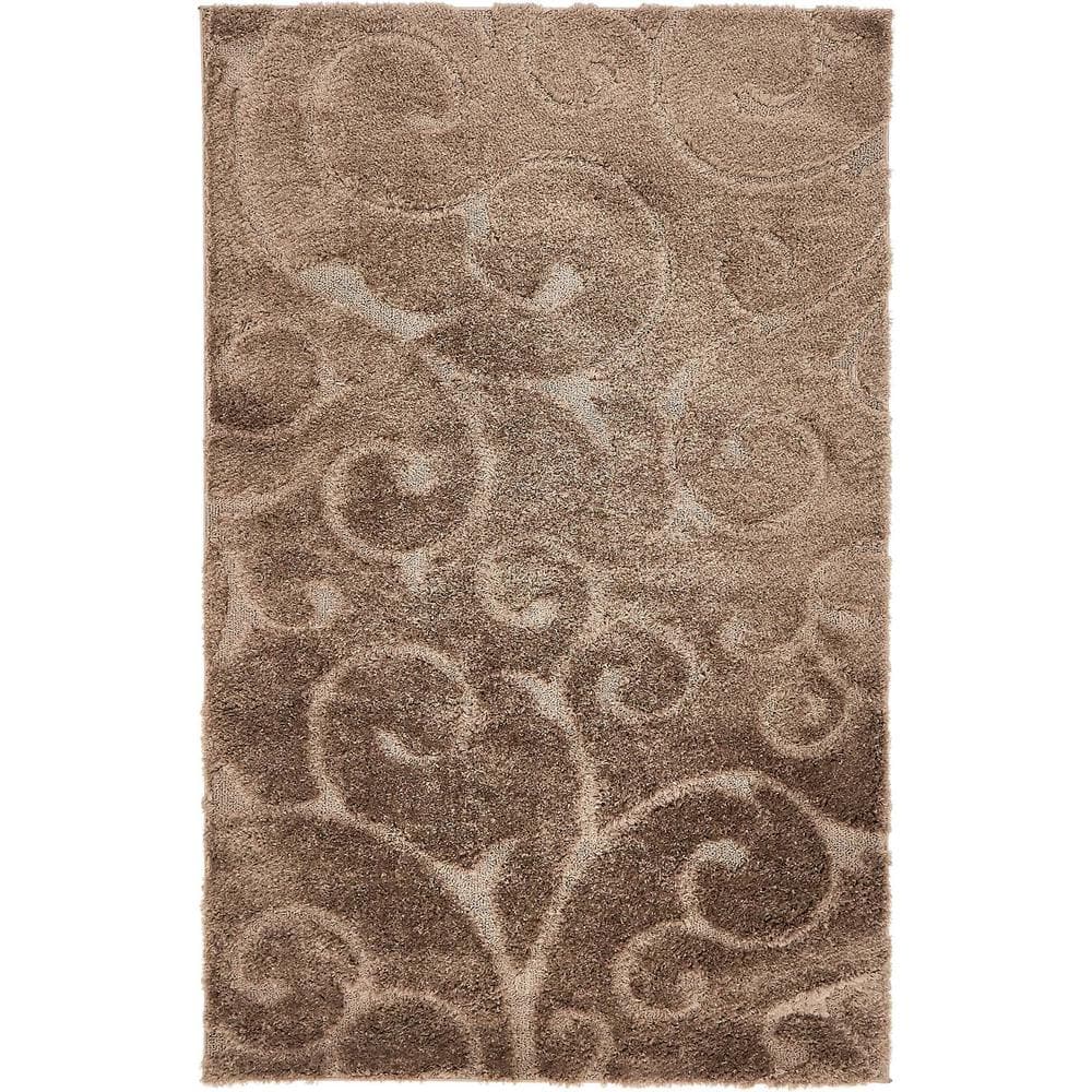 Brown Floral Shag Synthetic Rectangular Area Rug 5' x 8'