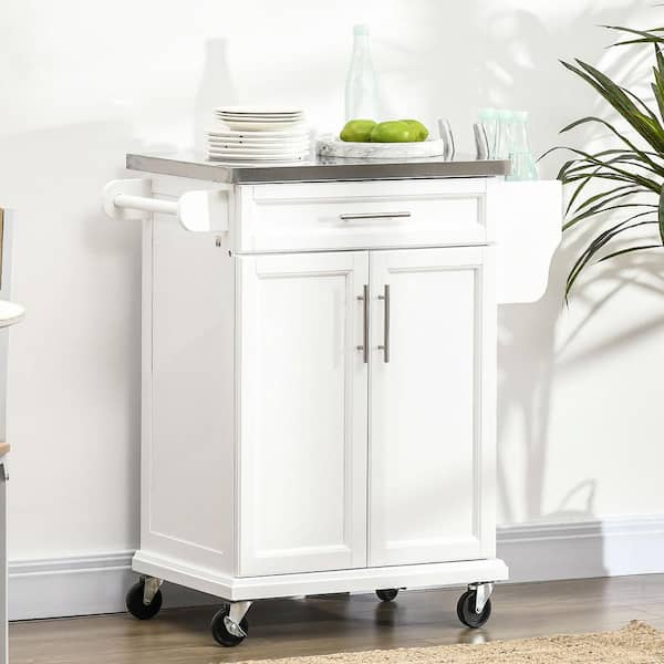 FAMYYT Rolling White Stainless-Steel Top 33 in. Kitchen Island with Wheels