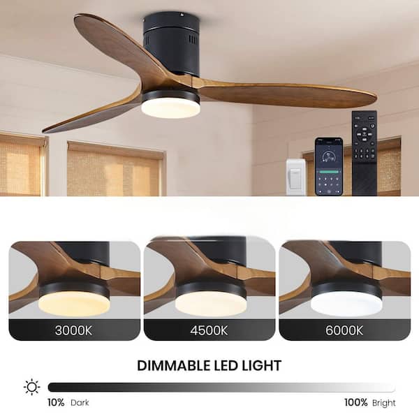 WDETR 52 in. LED Indoor Flush Mount Matte Black Ceiling Fan with Wood Blades, 6-Speed DC Remote Control