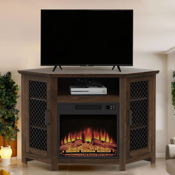 44.8 in. W Corner Fireplace TV Stand Media Console with 18 in. Electric Heater and Remote Control in Dark Walnut