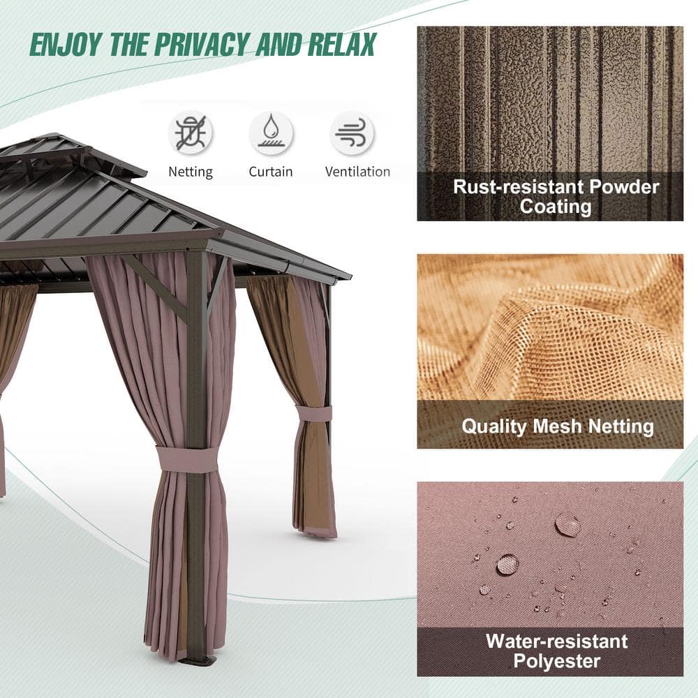 12 ft x 12 ft Brown Metal Patio Gazebo with Curtains