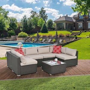 Dark Gray Outdoor Patio Dining Set, 7-Piece Outdoor Conversation Sets Wicker Dining Sofa Seating Set with Beige Cushions