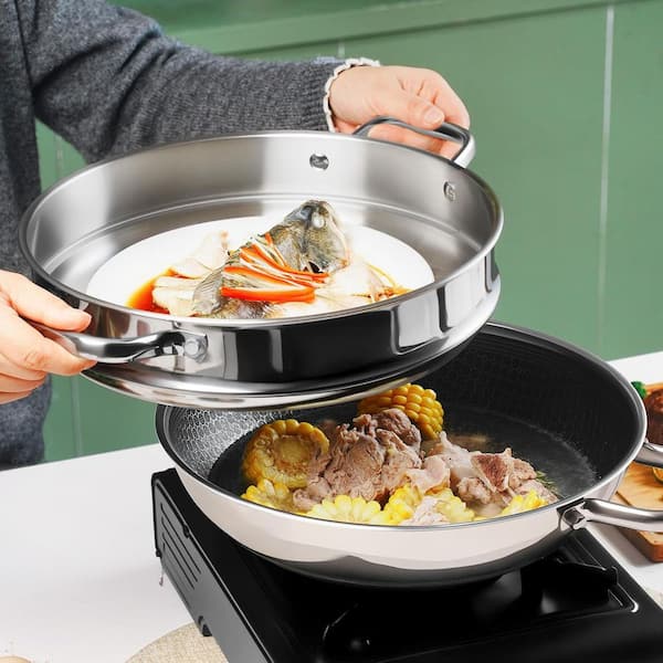 Anqtovp 12 in. Hybrid Wok Stainless Steel Nonstick with Steamer