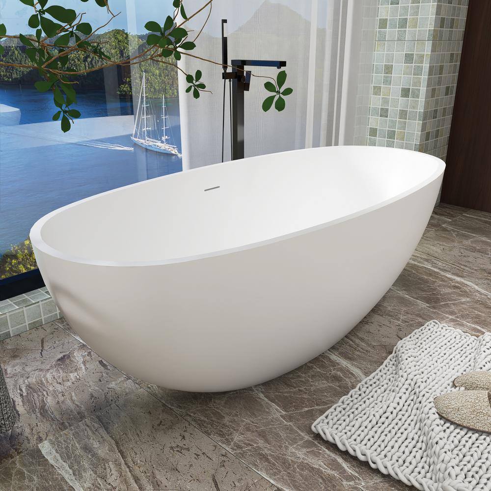 65" Matte White Stone Resin Freestanding Soaking Bathtub