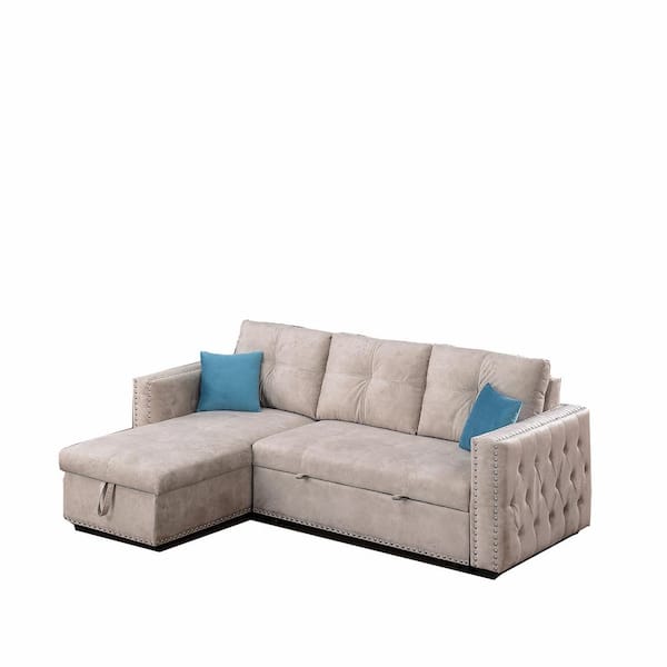 wetiny 64 in. W Square Arm 3-Piece L Shaped Velvet Modern Sectional Sofa in Beige with Storage 3-Seat