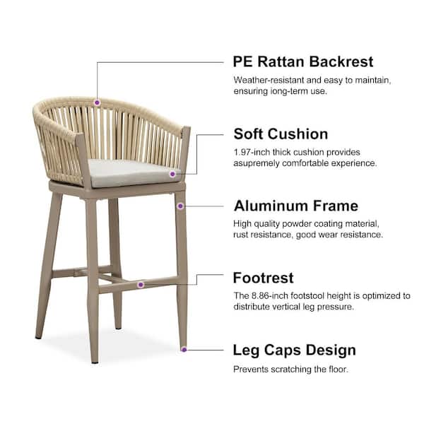Modern Aluminum PE Rattan Bar Height Outdoor Bar Stool with Back and Beige Cushion (4-Pack)
