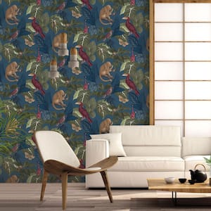 Into The Wild Blue Metallic Tropical Life Non-Pasted Non-Woven Paper Wallpaper Roll