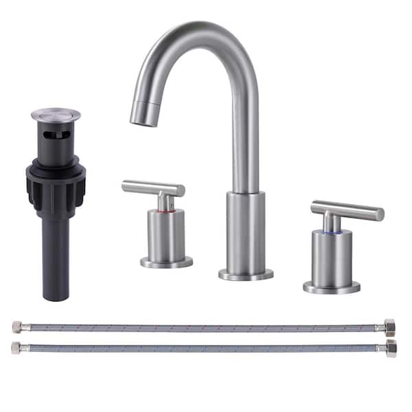 IVIGA 8 in. Widespread Double Handle Bathroom Faucet with 2-Aerators, Pop Up Drain and Supply Lines in Brushed Nickel