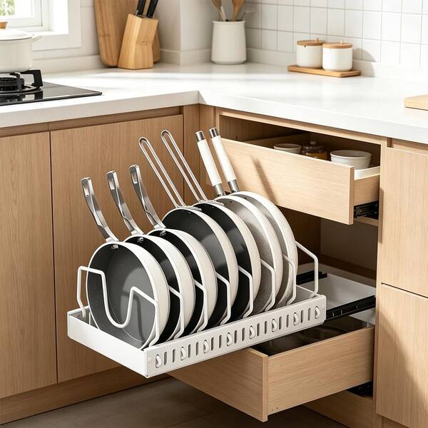 Under Cabinet Standing Pot Rack Organizer, Rustproof Sliding Cookware Holder with 8 Adjustable Dividers in White