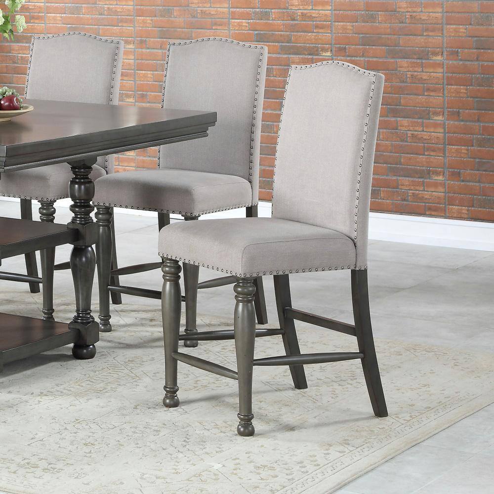 Harbor Gray Transitional Counter Stool with Nailhead Trim and Light Stone Fabric