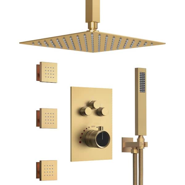 MultiplePress Dual 7-Spray Ceiling Mount 12 in. Square Fixed and Handheld Shower Head 2.5 GPM in Brushed Gold
