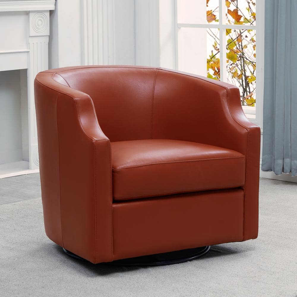 Erenson Caramel Top Grain Leather Swivel Glider Barrel Chair