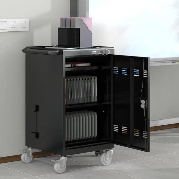 30-Device Plus Steel 4-Wheeled Tablets Laptops Classroom Storage Mobile Charging Cart Locking Cabinet in Matt Black