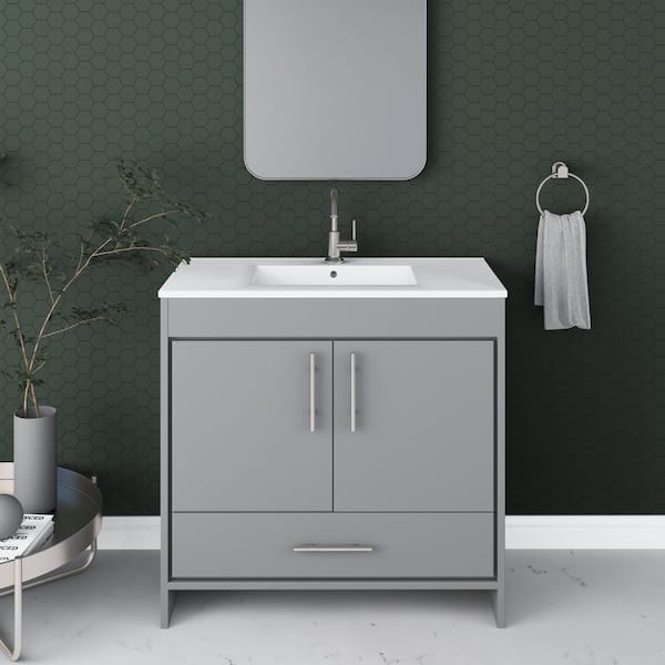 VOLPA USA AMERICAN CRAFTED VANITIES Pacific 36 in. x 18 in. D Bath Vanity in Gray with Ceramic Vanity Top in White with White Basin