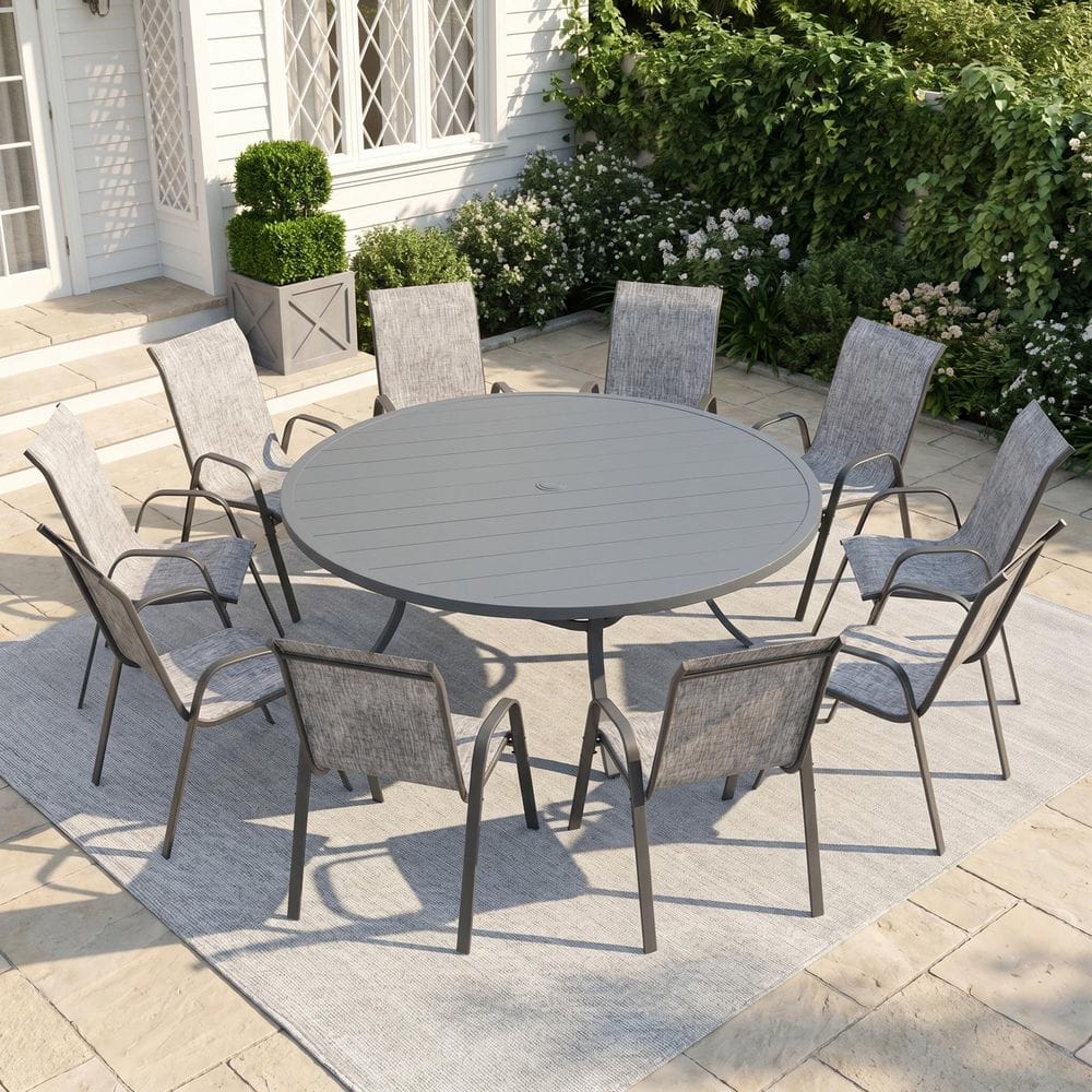 11-Piece Metal Outdoor Dining Set with 60 in. Gray Round Dining Table and 10 Gray Stackable Textilene Chairs price history on PriceWatchPro