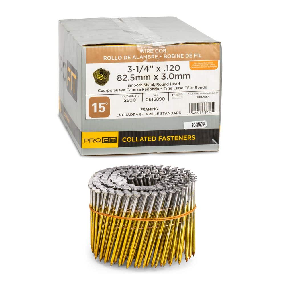 3-1/4 in. x 0.120 15° Hot Dipped Galvanized Smooth Shank Wire Coil Framing Nails (2500-Per Box) price history on PriceWatchPro