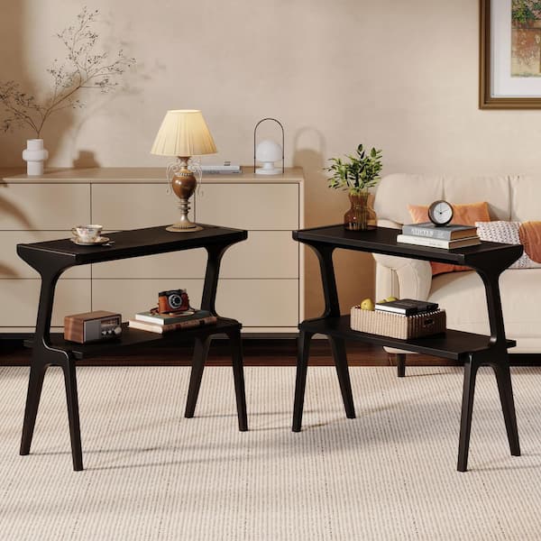 BYBLIGHT Kerlin 27. 56 in. Black Rectangle All Solid Wood Side Table, Minimalist End Table with Shelves, 2-Piece