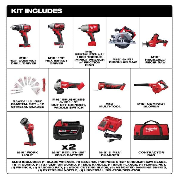 M18 18-Volt Lith-Ion Cordless Combo Kit (9-Tool) w/ (2) Batteries, Charger, Tool Bag, & Recip Saw Blade Set
