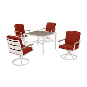 Marina Point 5-Piece White Steel Outdoor Dining Set with Sunbrella Henna Red Cushions and Painted White Steel Tabletop