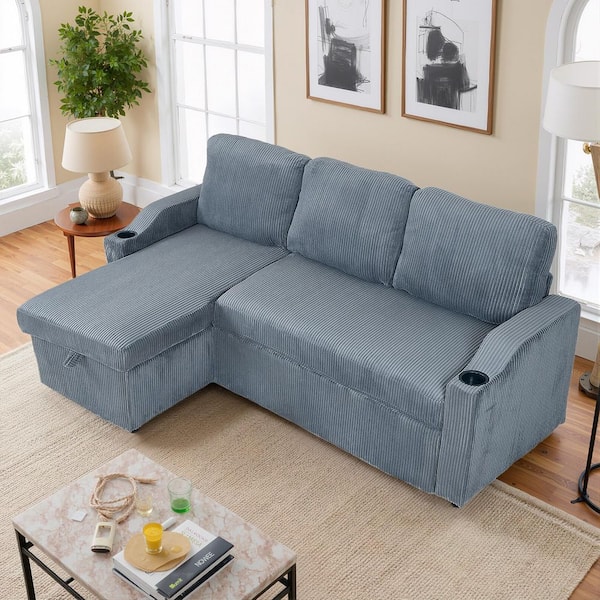 81.89 in. Corduroy L-Shaped Sectional Sofa Convertible Pull Out Sleeper Couch, Storage Chaise and Cup Holders in Gray