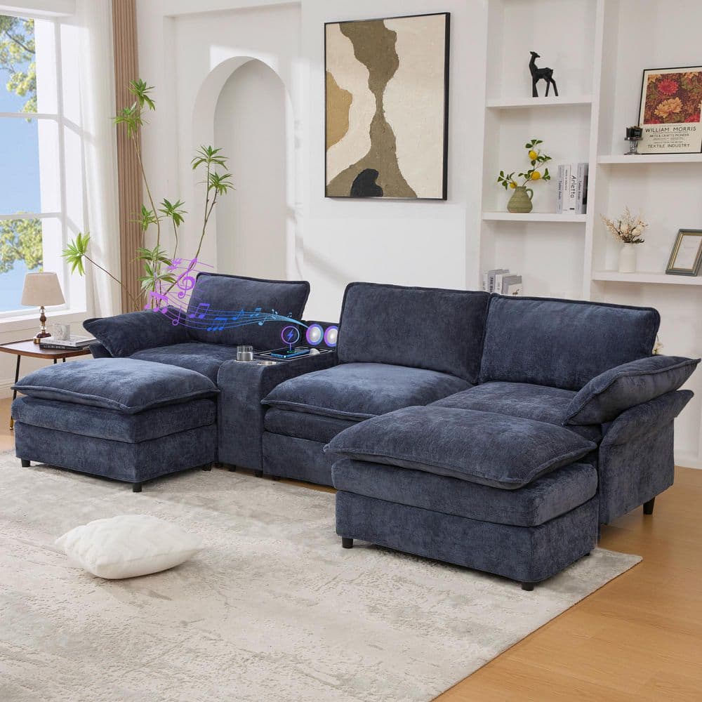 Armandel Modern 124 in. Pillow Top Arms Chenille Upholstered U-Shaped Sectional Sofa in. Blue with Ottomans, Cup Holders