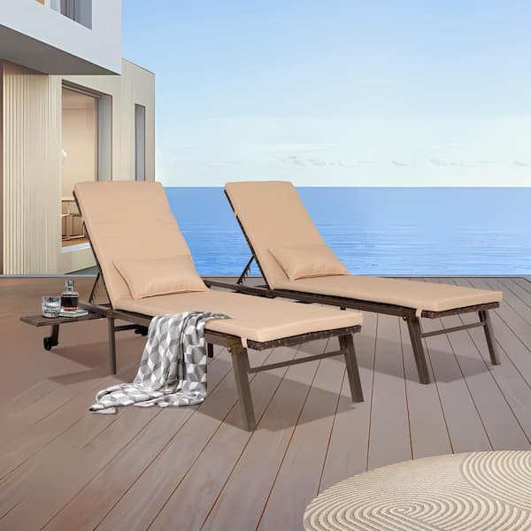 Unbranded Brown 2-Piece Wicker Outdoor Chaise Lounge with Khaki Cushions for Pool and Garden