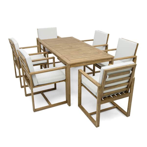 Unbranded 7-Piece Light Teak Wood Outdoor Dining Set with Built-in Umbrella Hole and Beige Cushions