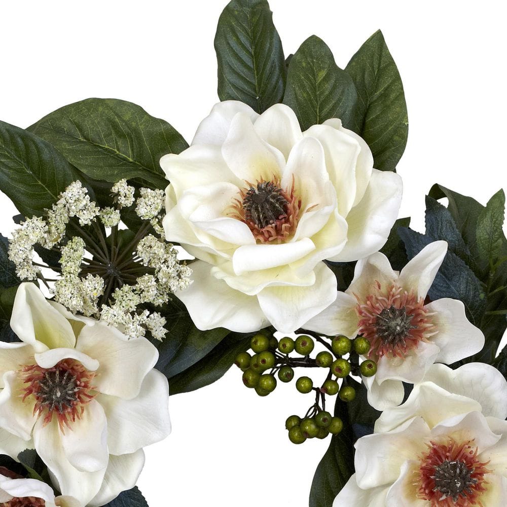 22-Inch White Magnolia Artificial Wreath with Greenery