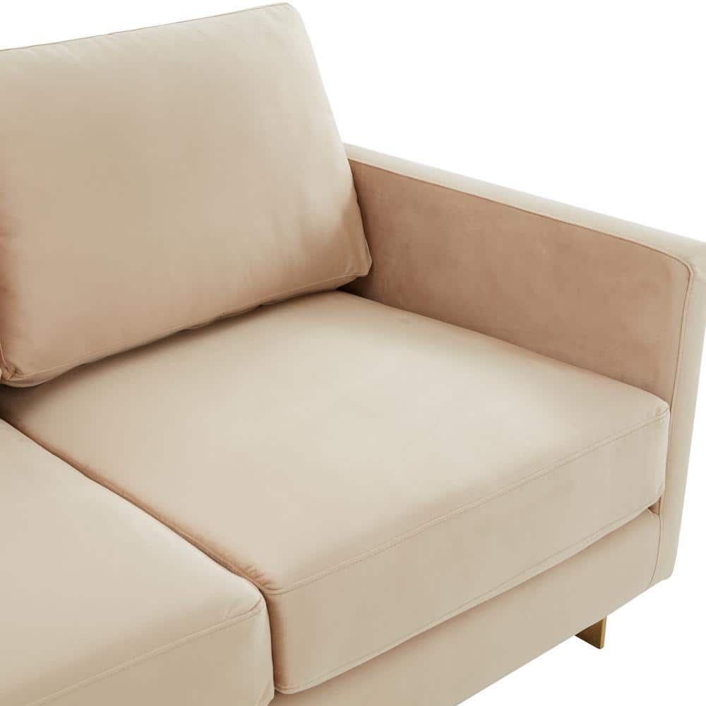Elegant Beige Velvet Loveseat with Golden Solid Wood Frame