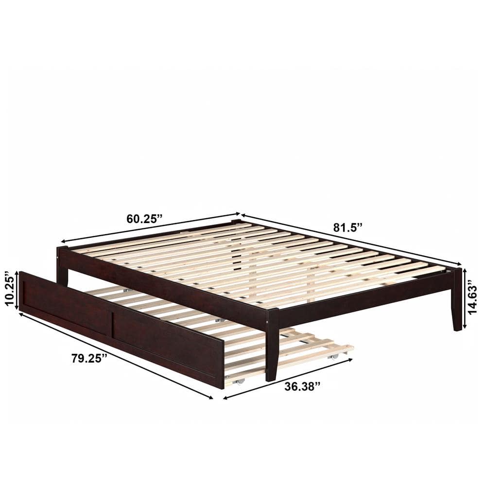 Espresso Queen Platform Bed with Upholstered Trundle and USB Charger