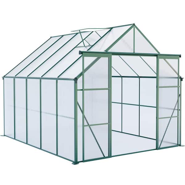 8 ft. W x 10 ft. D Polycarbonate Double Door Walk-in Garden Greenhouse for Outdoors in Green with Adjustable Roof Vent