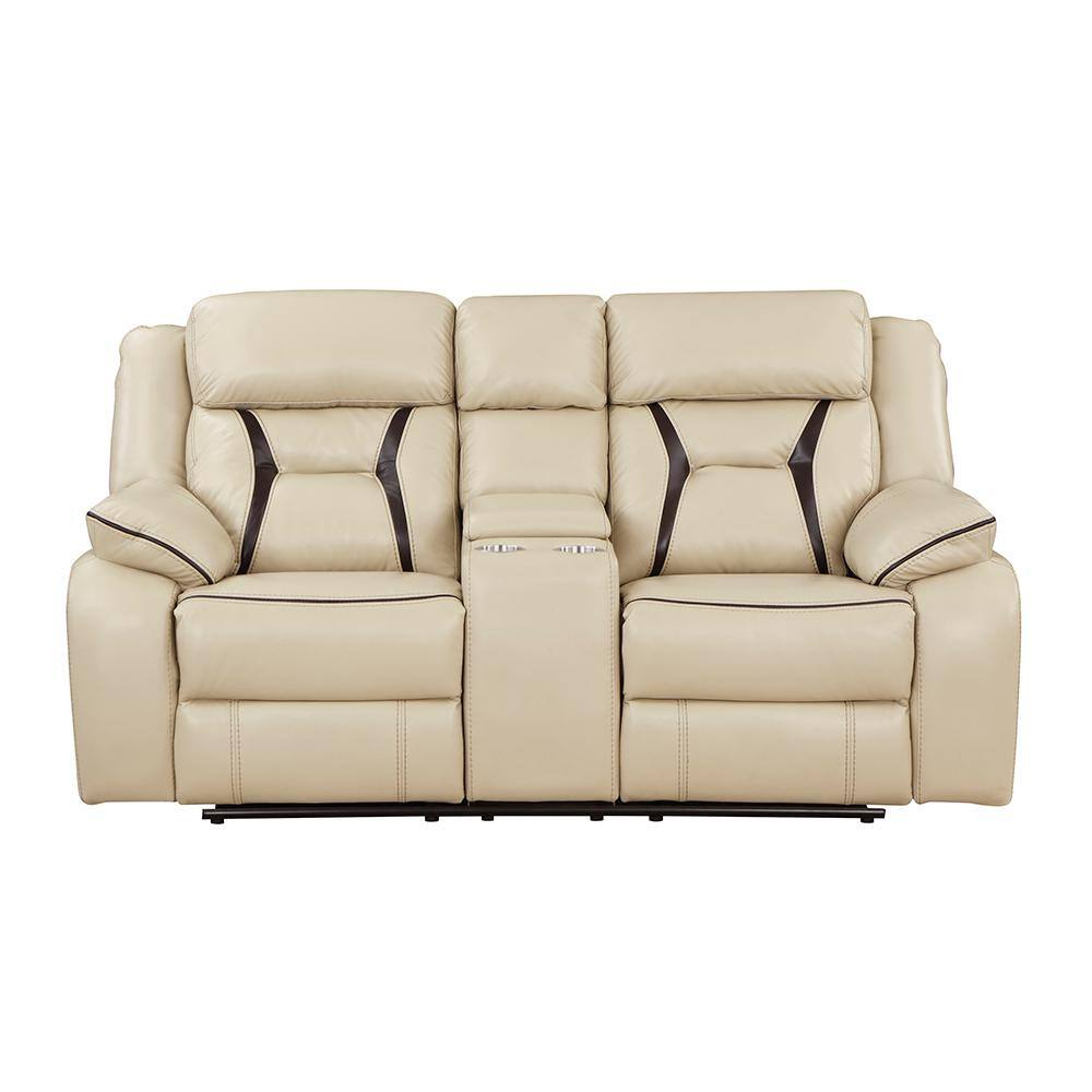 Beige Faux Leather Reclining Loveseat with Cup Holder