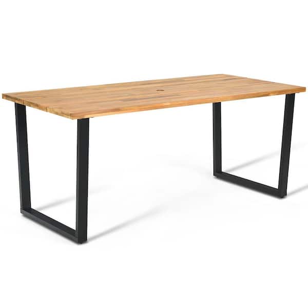 Gymax Patio Rectangle Dining Table Acacia Wood w/2 in. Umbrella Hole Indoor and Outdoor Deck