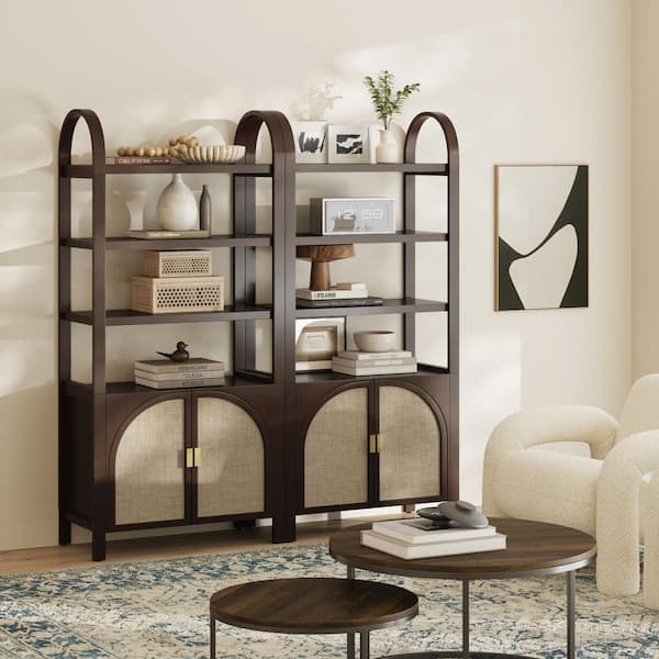 Paxton 71 in. Tall Dark Acacia Boho Bookshelf with Solid Wood Legs, 3-Shelf Accent Bookcase Cabinet with Rattan Door