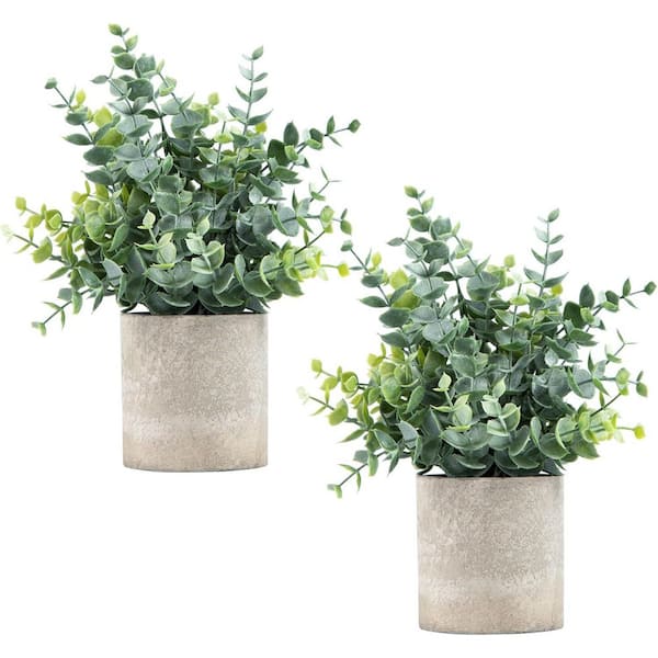 Unbranded 9 in. Sage Green Artificial Small Fake Plants Eucalyptus Potted (2-Pack)