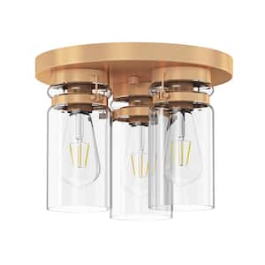 11 in. 3-Light Industrial Gold Flush Mount Modern Close to Ceiling Light Fixtures with Clear Glass Shades