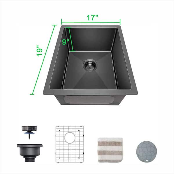 17 x 19 in. Undermount Single Bowl 16 Gauge Gloss Black Stainless Steel Kitchen Sink with Strainer and Bottom Grids