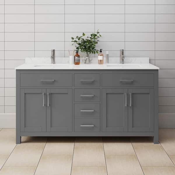 Wyndham Collection Beckett 66 in. W x 22 in. D Double Vanity in Dark Gray with Cultured Marble Vanity Top in Carrara with White Basins