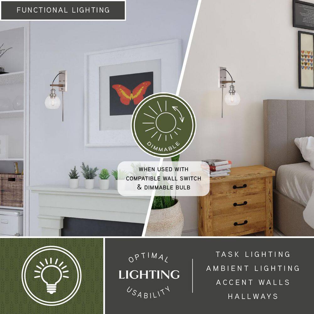 Avondale Rustic Wood & Satin Nickel Dimmable Sconce with Seeded Glass Globe