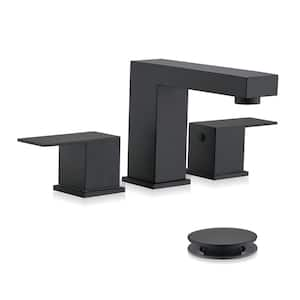 8 in. Widespread 2-Handles Aerator Spout Bathroom Faucet with Pop-up Drain Assembly in Matte Black