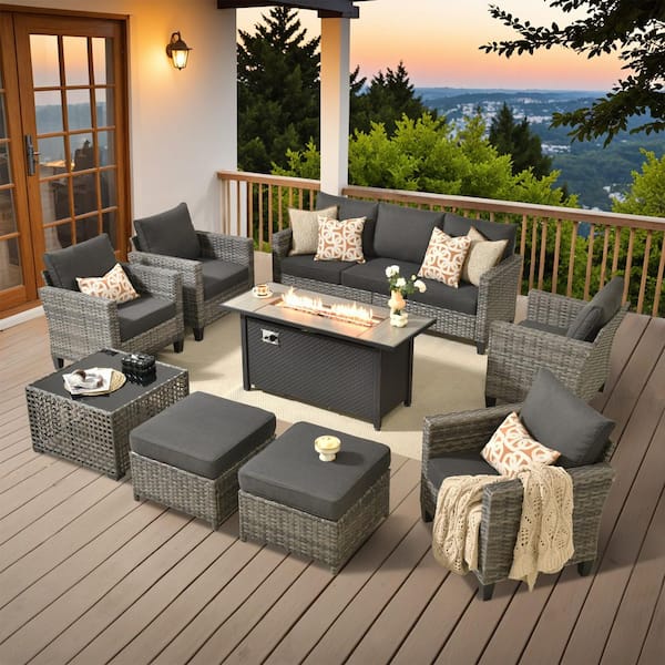HOOOWOOO Scarlet 9-Piece Wicker Outdoor Fire Pit Patio Conversation Sofa Set with a Solar Lighted Table and Black Cushions