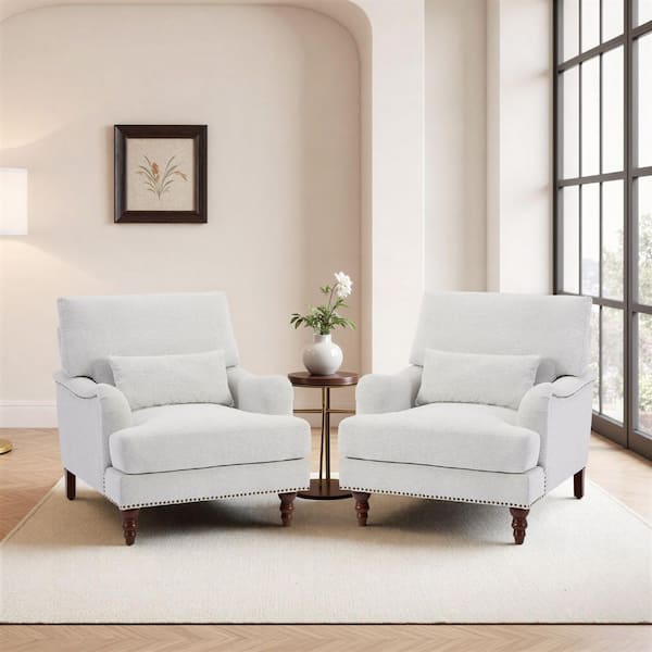 Modern Beige Chenille Arm Chair with Flared Arm (Set of 2)