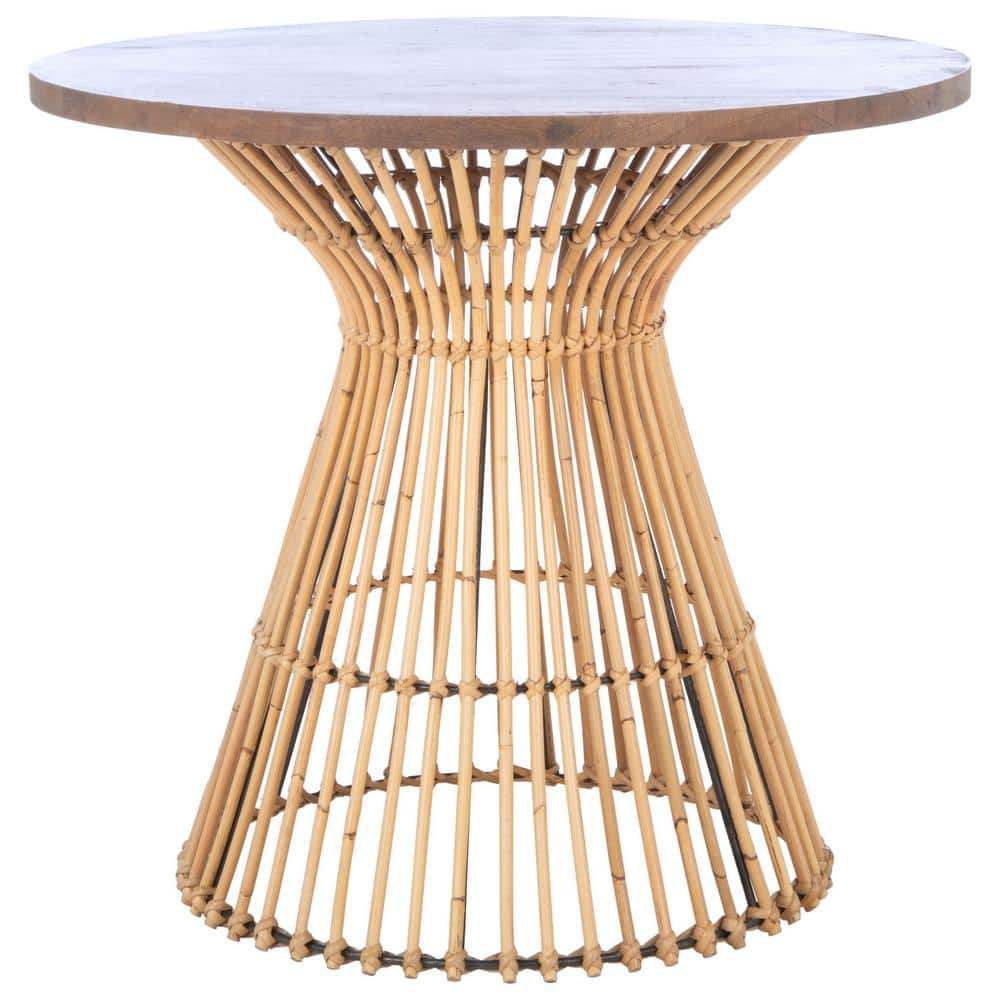 Whent 23 in. Gray/Beige Round Wood/Rattan End Table