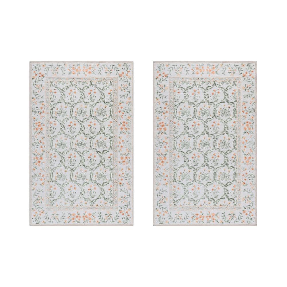Ivory and Green Floral Synthetic Rectangular Area Rug 2-Pack