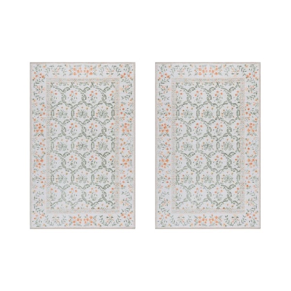 Gertmenian Crystal Print Vela Ivory/Green 2 ft. x 4 ft. Floral Digitally Printed Polyester Area Rug (2-Pack)