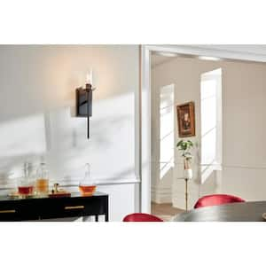 Alton 1-Light Black Bathroom Wall Sconce Light with Clear Seeded Glass Shade