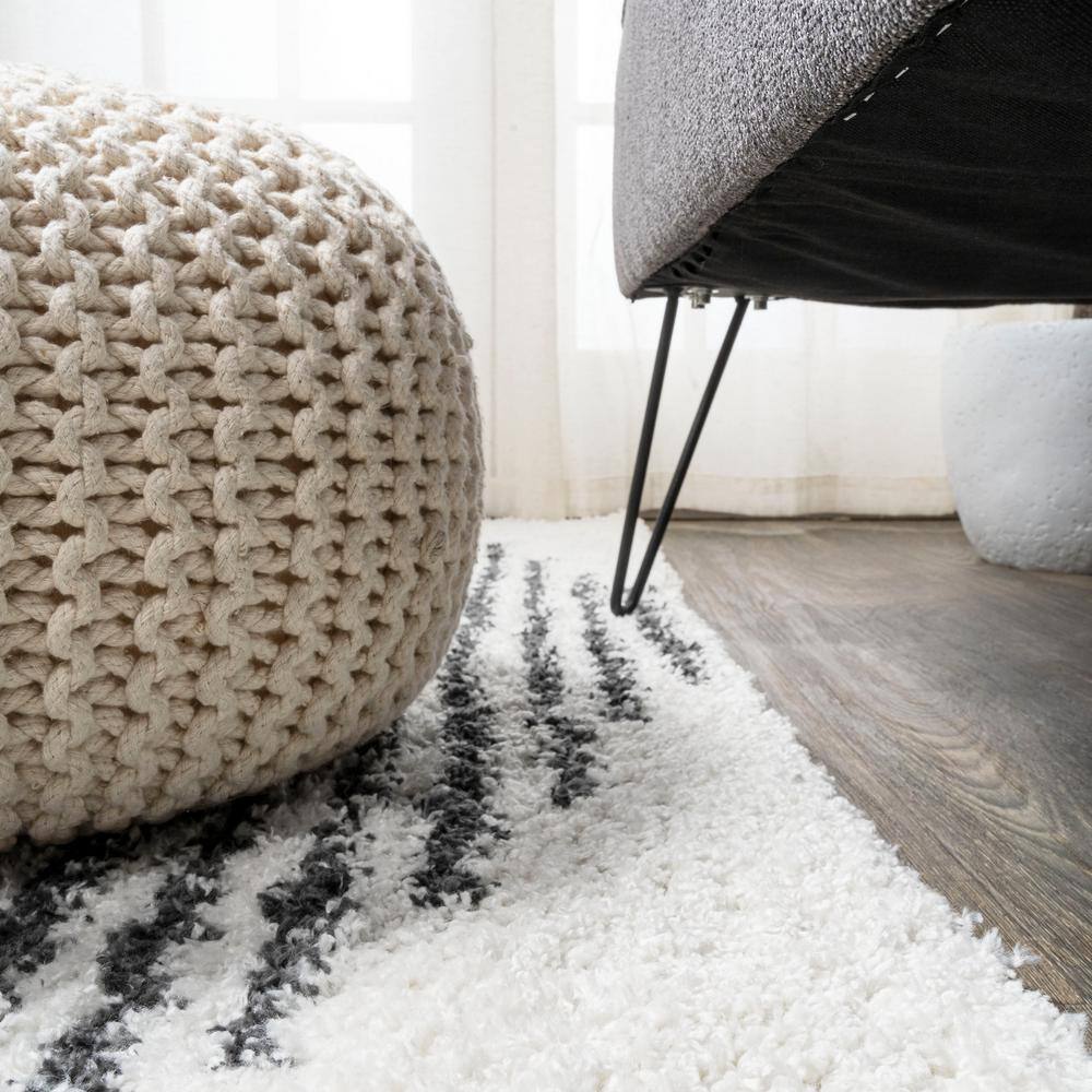 Elm Diamond Stripe Black and White Shag Runner Rug